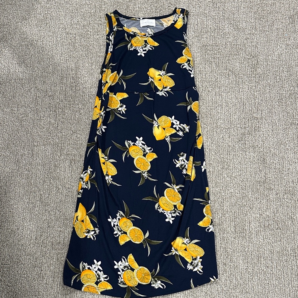French Grey Lemon Print Midi Dress